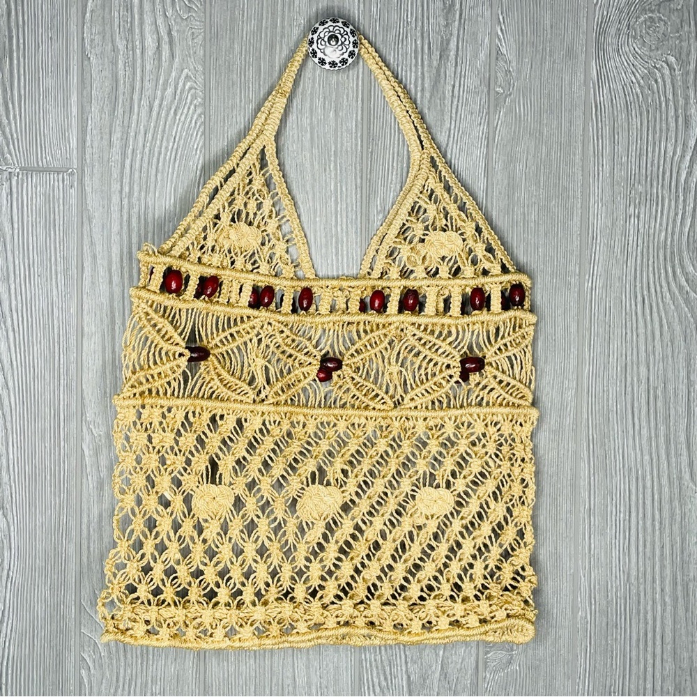 Vintage 70s macrame wood beaded market bag purse beach bag rope floral